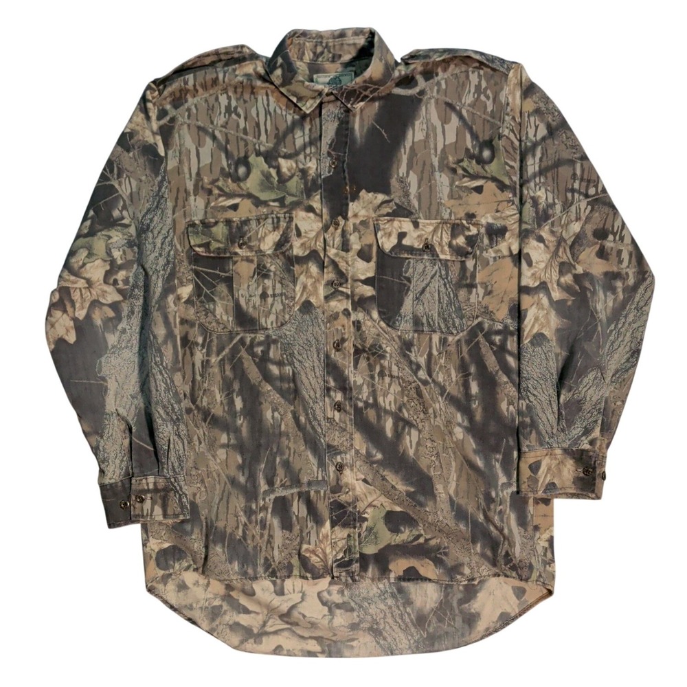 Vintage Mossy Oak Shirt Flannel Mens Size L Treestand Faded Hunting Camo Button